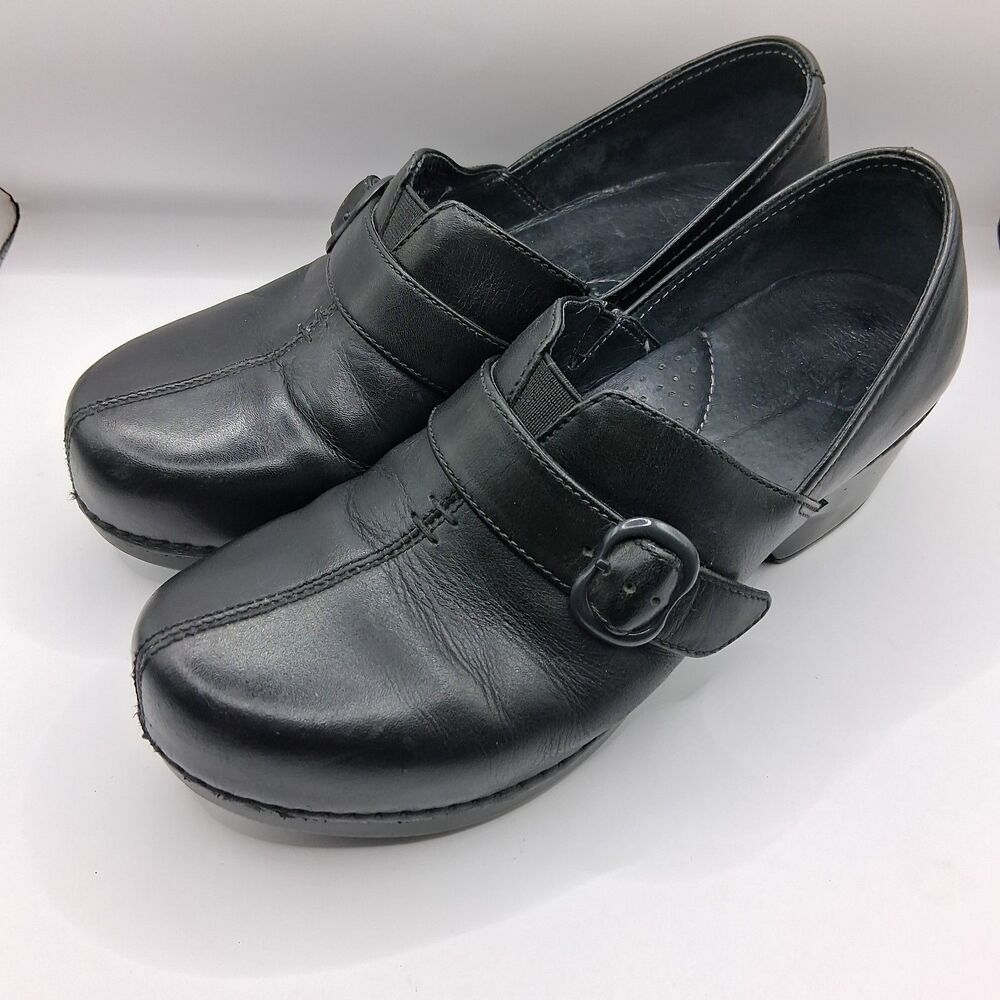 Dansko Women Size 37 US 6.5-7 Black Leather Buckle Wedge Clogs Slip On Heels
